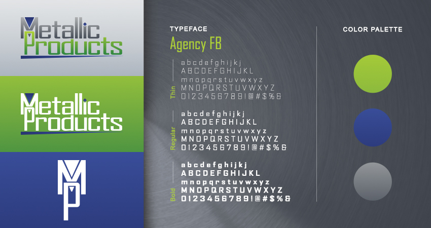 metallic products logo style guide showing color, typography, etc.