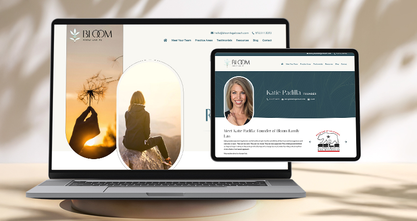 Laptop and tablet mockups, showing the bloom family law website