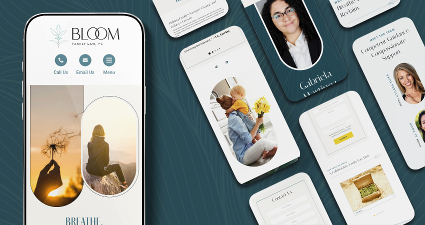 Phone mockups, showing the bloom family law website