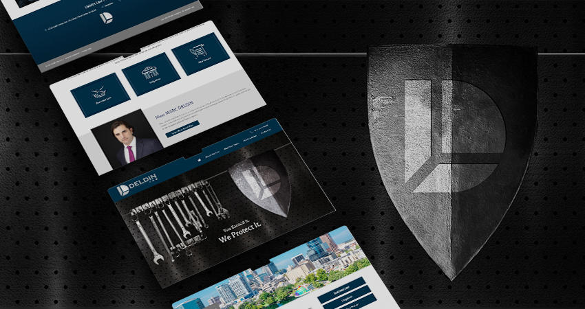 Mockup of the Deldin law website with the branded shield next to it
