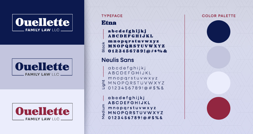 Logo variations, typography, and color palette for Ouellette Family law