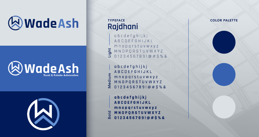 wade ash logo variations, typography, and color palette
