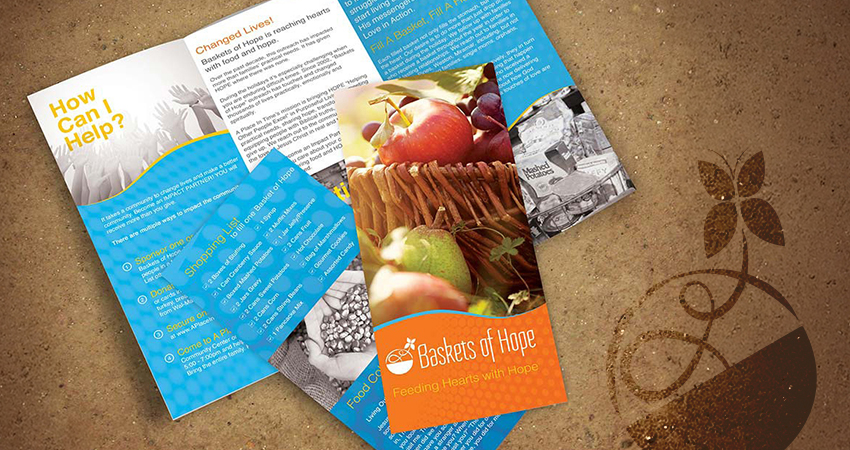 trifold brochure design for the baskets of hope donation service