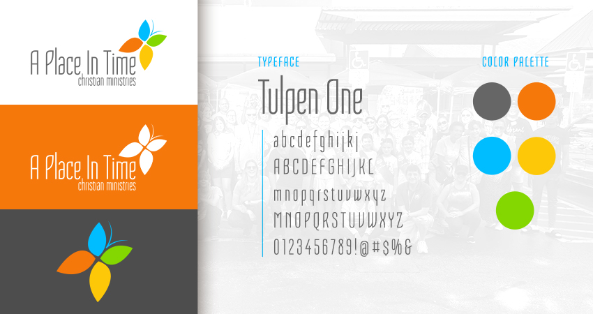 logo variations, typography, and color palette for a place in time christian ministries