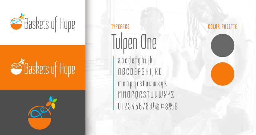 logo variations, typography, and color palette for baskets of hope donation service