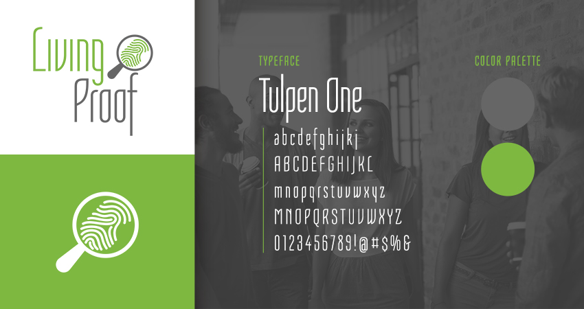 logo variations, typography, and color palette for living proof