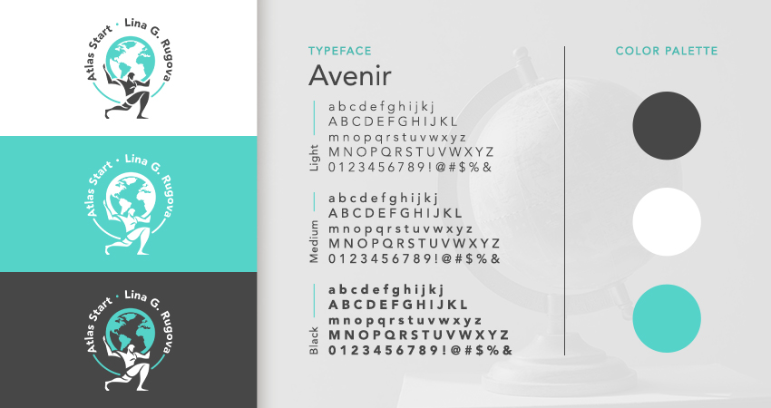 Atlas Start logo design style guide showing typography, color palette, and logo variations