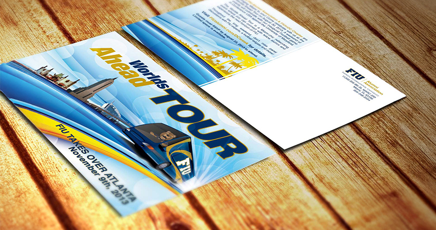 Flyer design for Florida International University's Alumni Association Worlds Ahead Tour