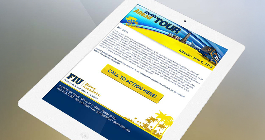 Email design for Florida International University's Alumni Association Worlds Ahead Tour