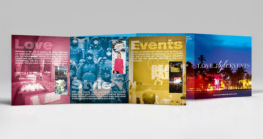 Square brochure design for Love Style Events, an experiential marketing company