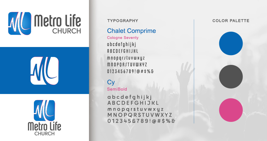 Logo style guide for Metro Life Church, featuring typography, logo variations, and color palette