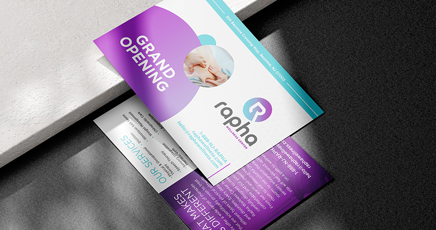 Rapha Wellness Center mailer design mockup