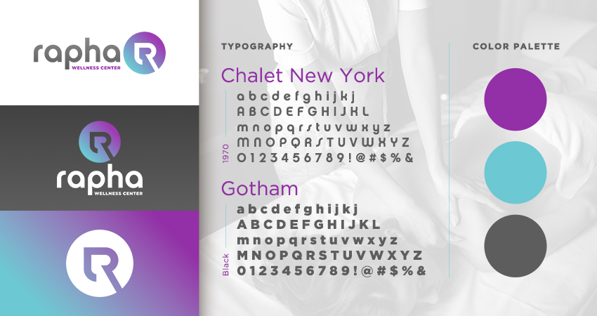 Rapha Wellness Center logo style guide showing logo variations, typography, and color palette