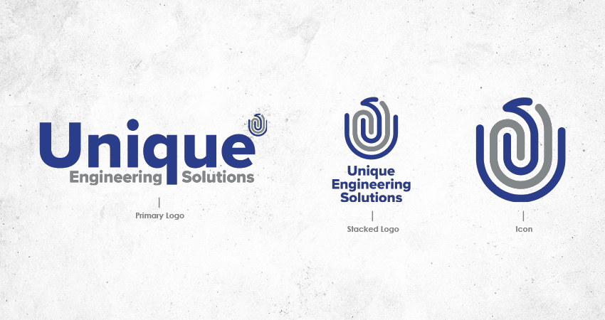 Logo variations for Unique Engineering Solutions, showing the primary horizontal logo, the secondary stacked logo, and the standalone icon design