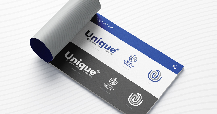 Brand Guideline Design mockup for Unique Engineering Solutions, showing logo variations
