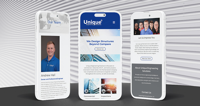 Website Design phone screen size mockup for Unique Engineering Solutions