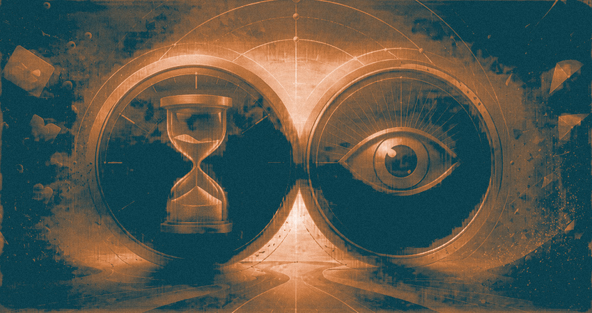 An image of an hourglass and an eye symbolizing two elements that are essentially the currency of creative, focus and quality.